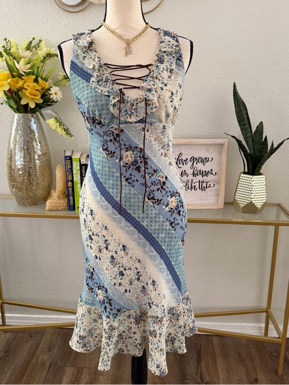Vintage Y2K-style patchwork floral midi dress